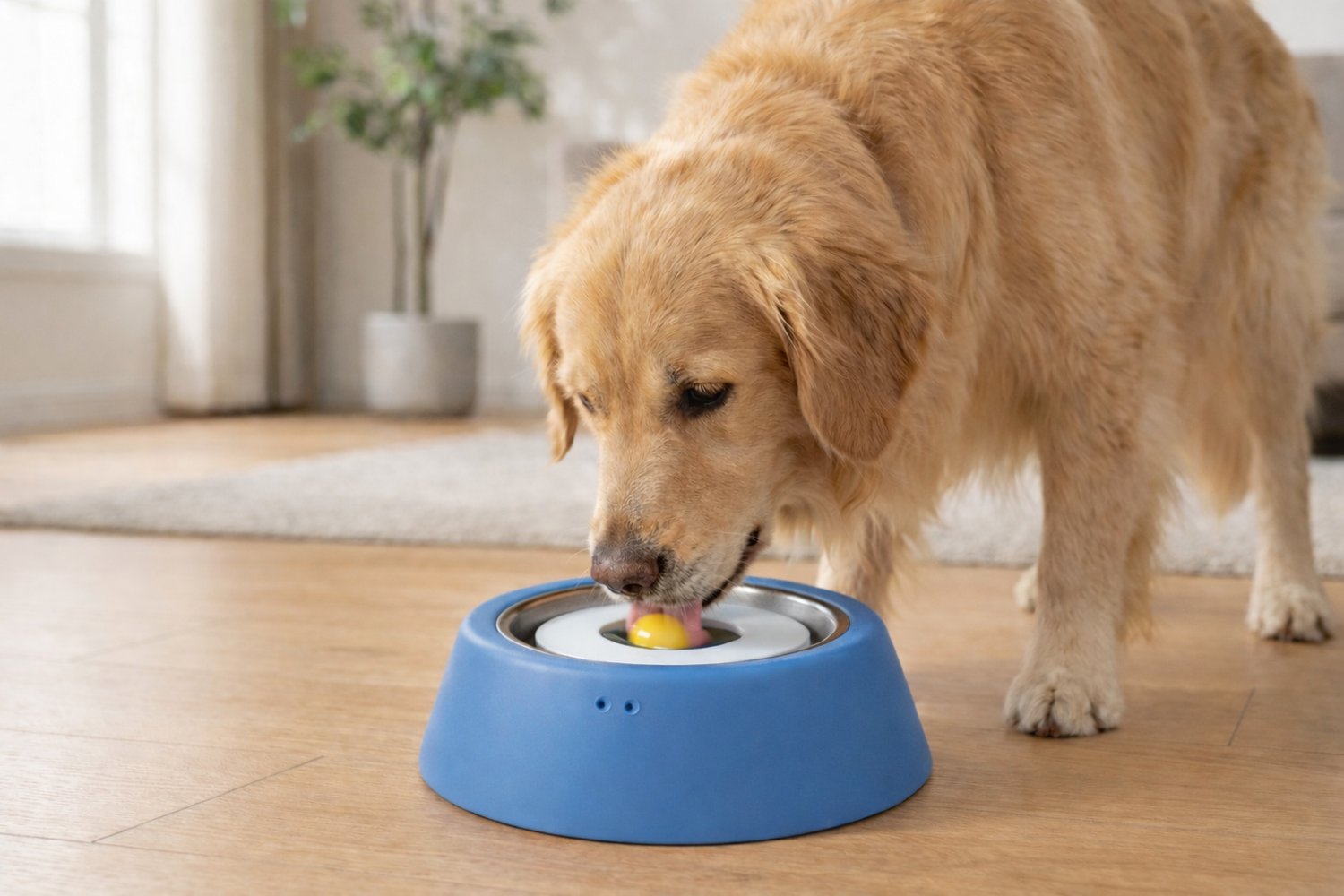 A Golden Retriever drinking from a Cateby anti-spill floating water bowl on a clean wooden floor, demonstrating how to stop dog splashing water everywhere in a modern living room.