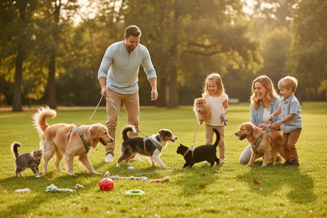 A family are playing with Cats and Dogs at the glass field
