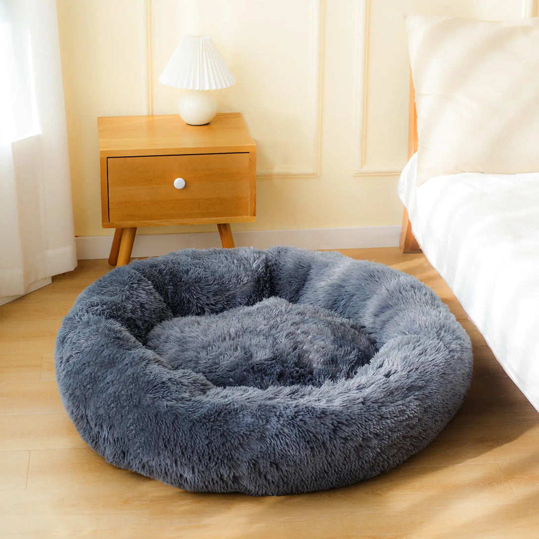 Pet Plush Bed Calming Basket,
 Calming Plush Pet Bed,
 Cozy Pet Basket Bed,
 Pet Plush Bed for Anxiety.