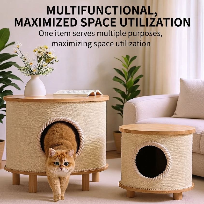 Cat Bed Coffee Table With Sisal Blanket, Solid Wood Cat Haven - CatebyPets