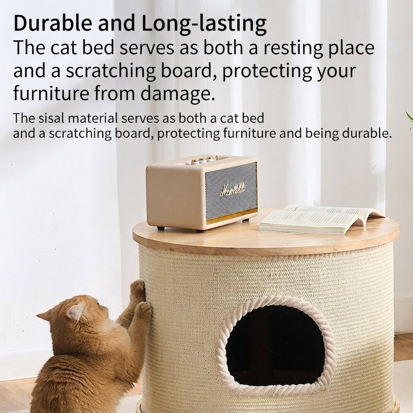 Cat Bed Coffee Table With Sisal Blanket, Solid Wood Cat Haven - CatebyPets