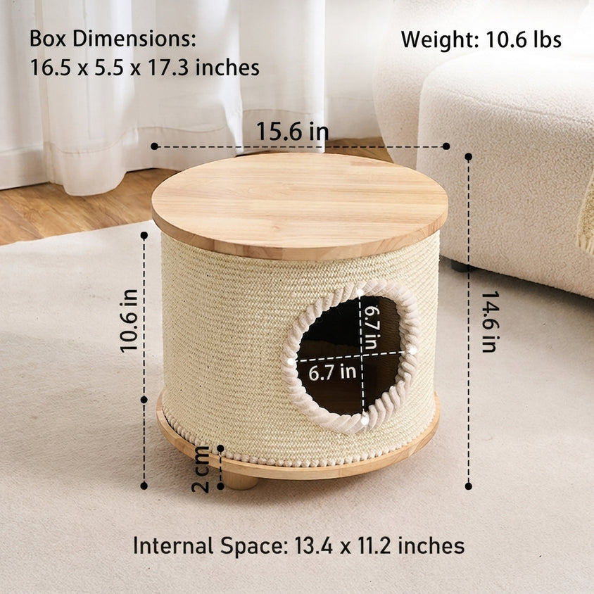 Cat Bed Coffee Table With Sisal Blanket, Solid Wood Cat Haven - CatebyPets