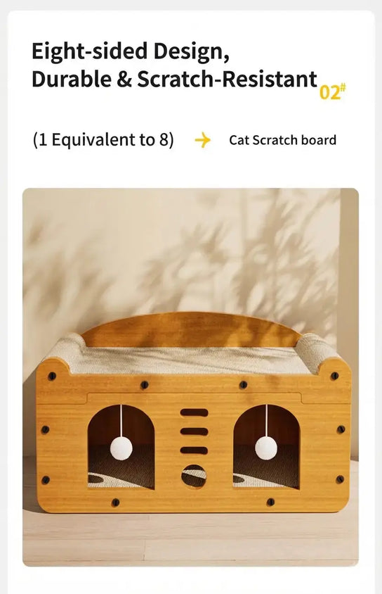 Cat scratcher house enclosed hideaway with two arch entrances and hanging ball toys