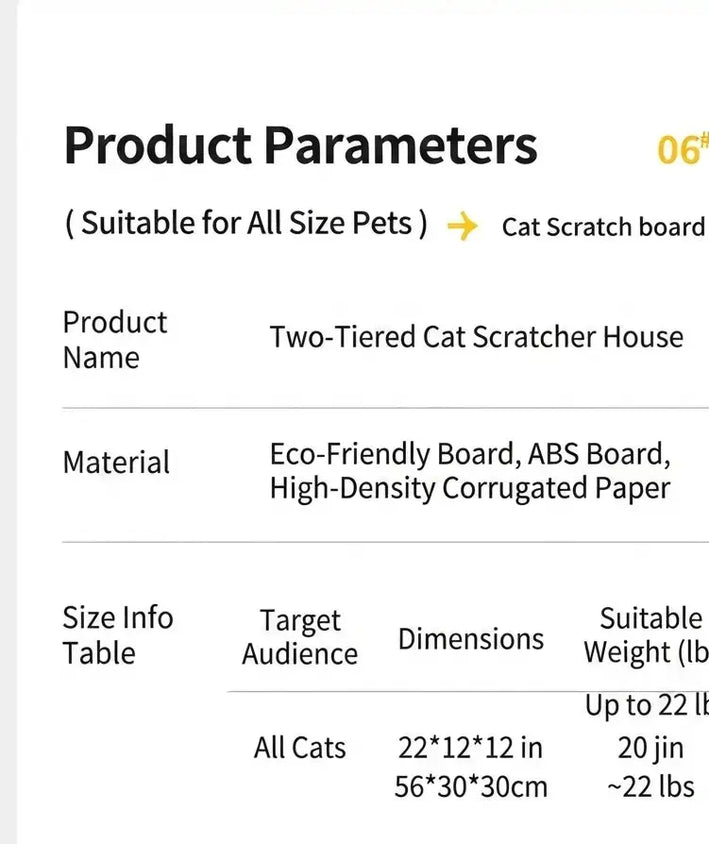 Cat scratcher house product parameters – all cat sizes up to 22 lbs