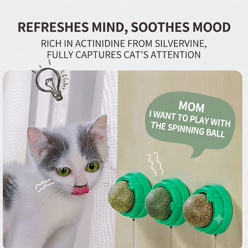 Catnip Rolling Ball: Natural Cat Wall Stick-On Toy & Digestive Care - CatebyPets