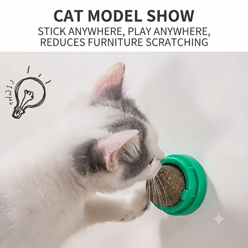 Catnip Rolling Ball: Natural Cat Wall Stick-On Toy & Digestive Care - CatebyPets