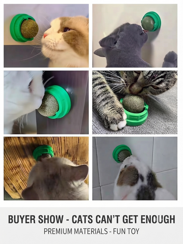 Catnip Rolling Ball: Natural Cat Wall Stick-On Toy & Digestive Care - CatebyPets