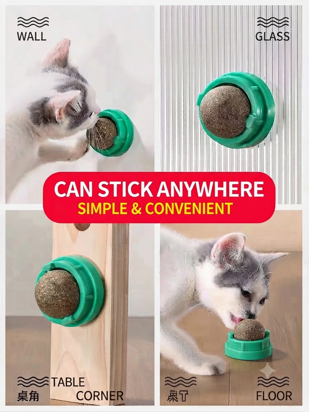 Catnip Rolling Ball: Natural Cat Wall Stick-On Toy & Digestive Care - CatebyPets