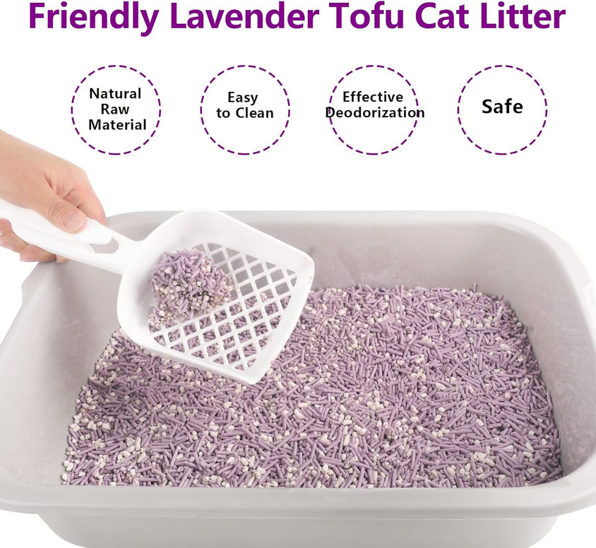 Lavender tofu cat litter in a scoop with a hand using a scoop, labeled as safe, effective deodorization, easy to clean, and natural raw material.