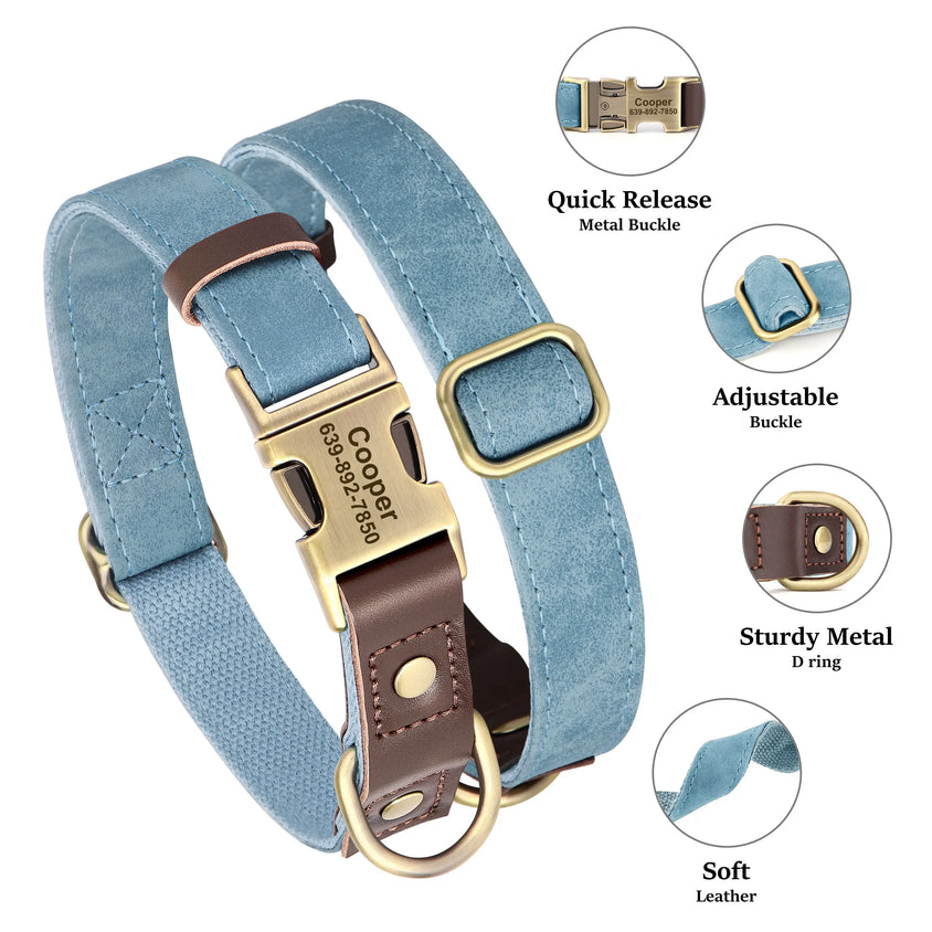 Free Custom PU Leather Dog Collar Engraved Dog Collars Adjustable Pet Buckle ID Necklace Durable for Small Medium Large Dogs Pug - CatebyPets