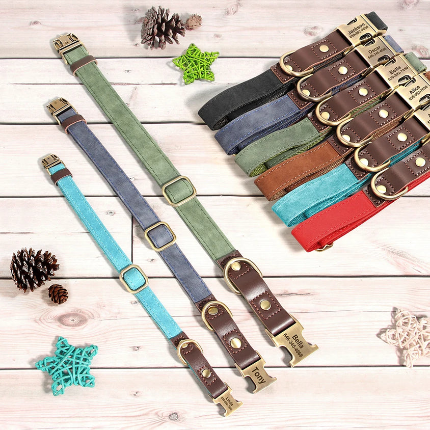 Free Custom PU Leather Dog Collar Engraved Dog Collars Adjustable Pet Buckle ID Necklace Durable for Small Medium Large Dogs Pug - CatebyPets