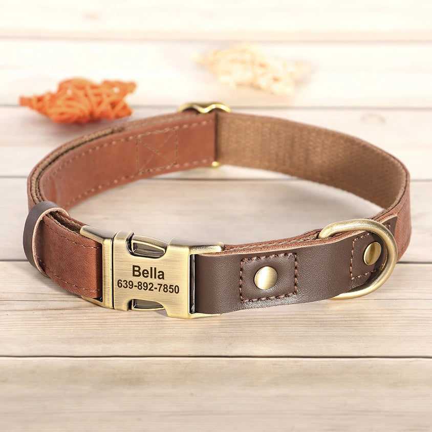 Free Custom PU Leather Dog Collar Engraved Dog Collars Adjustable Pet Buckle ID Necklace Durable for Small Medium Large Dogs Pug - CatebyPets