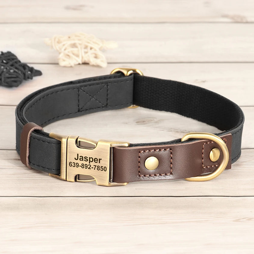 Free Custom PU Leather Dog Collar Engraved Dog Collars Adjustable Pet Buckle ID Necklace Durable for Small Medium Large Dogs Pug - CatebyPets