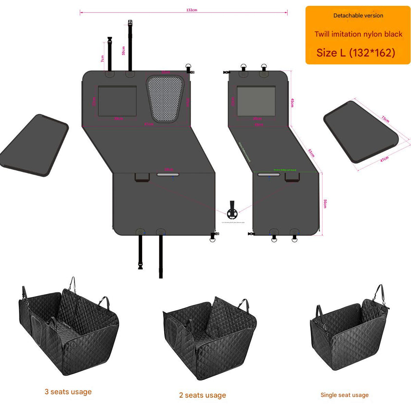 Car trunk organizer with various usage scenarios and dimensions on a white background
