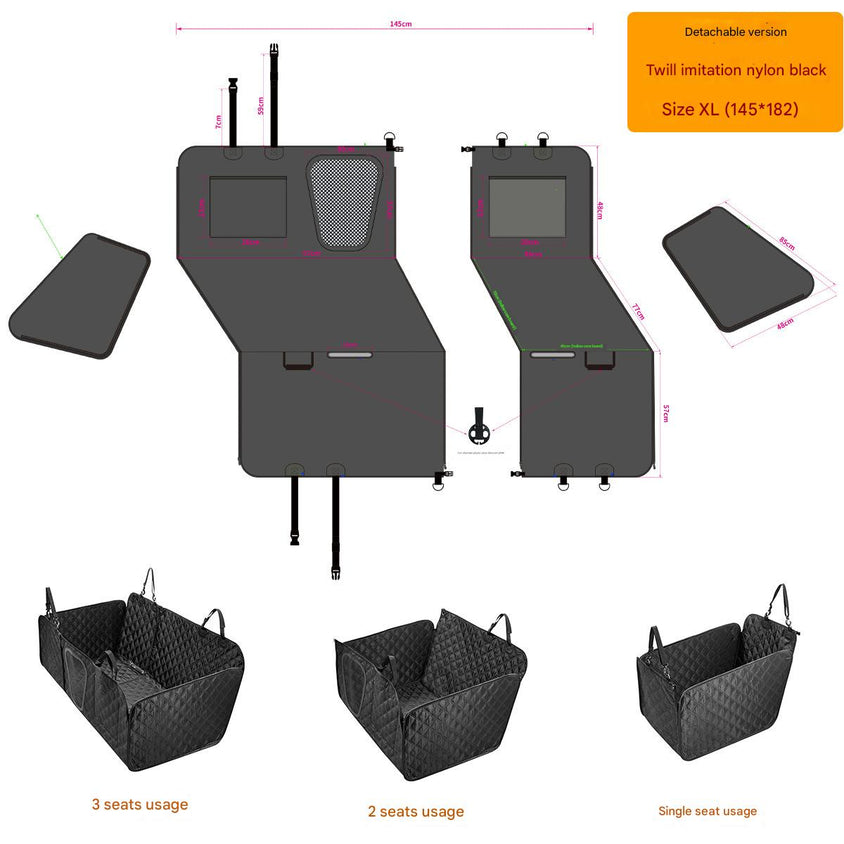 Car trunk organizer with various usage scenarios and dimensions on a white background