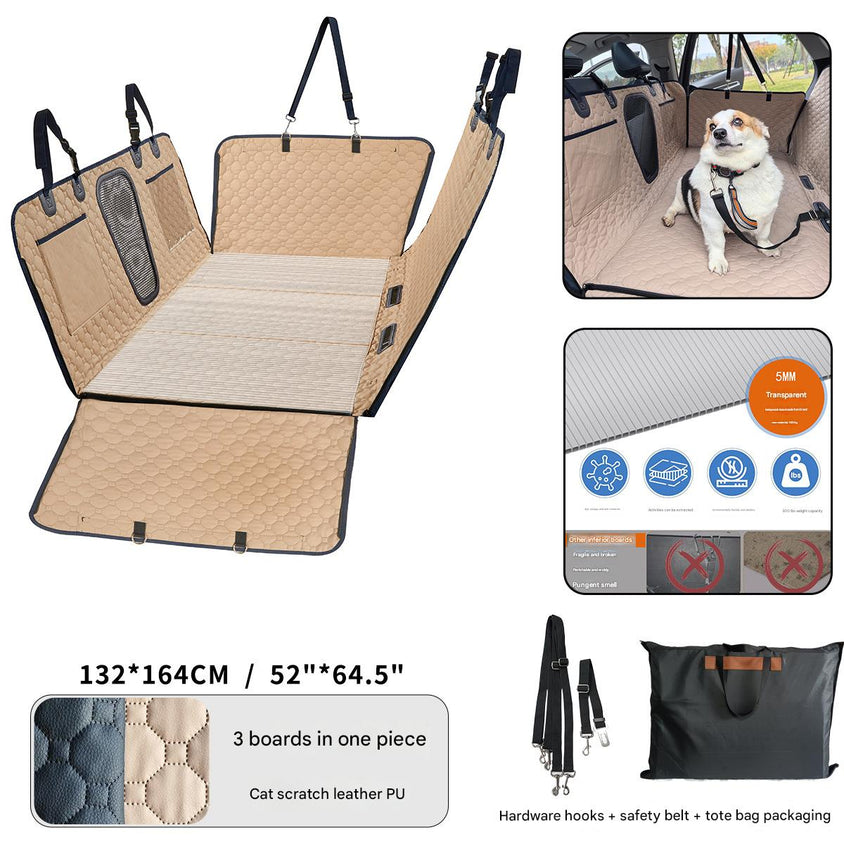 Pet car seat cover with additional images of a dog using it, product specifications, and packaging.