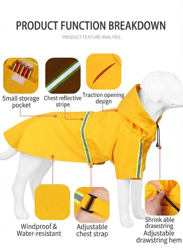 Large Dog Raincoat Cloak Style Hooded Reflective Waterproof Coat - CatebyPets