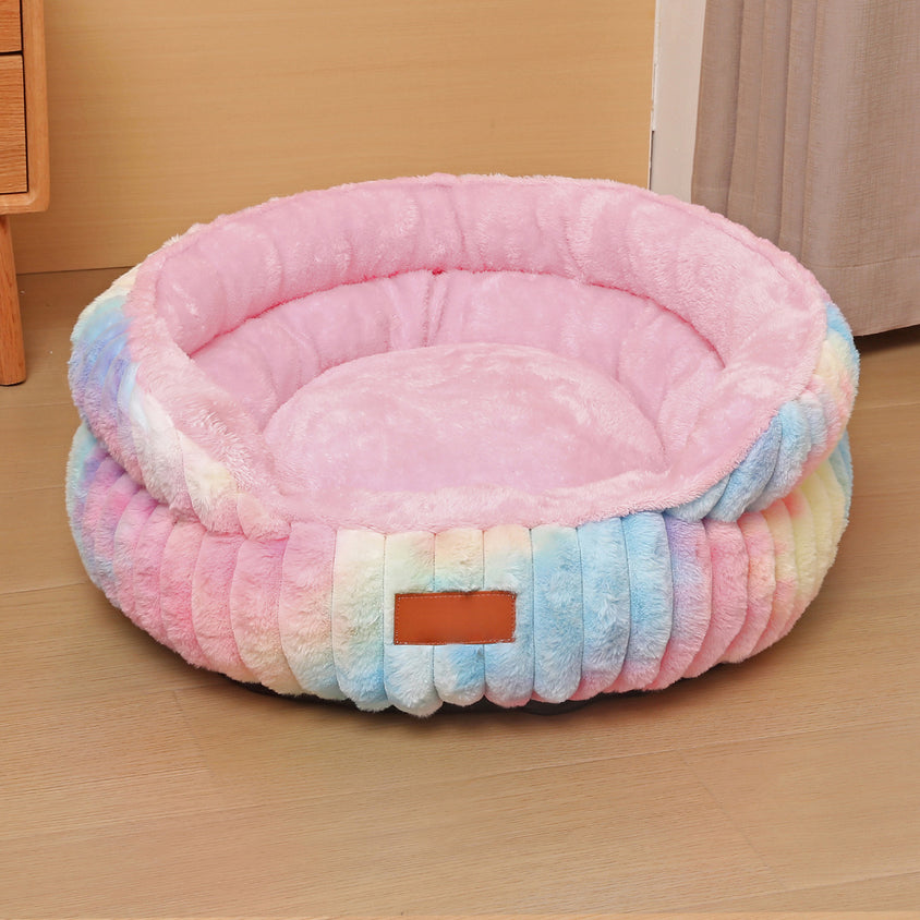 Round Fur Dog Bed, Rabbit Fur Warm Winter Plush Pet Bed