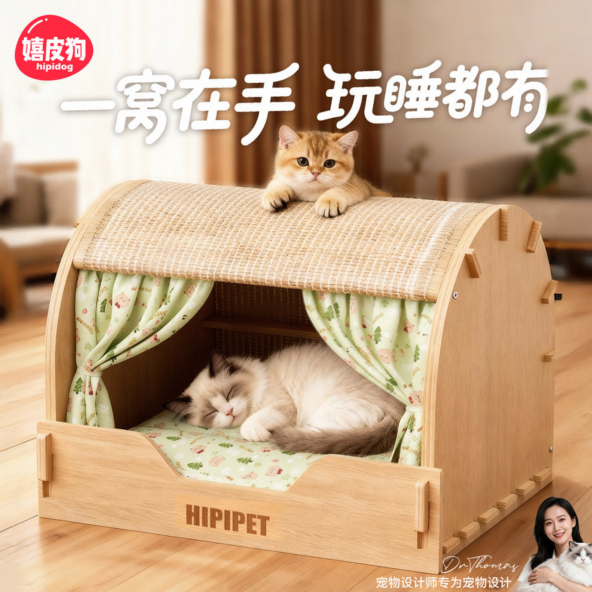 Solid wood sisal cat scratching board drawer nest, scratch-resistant and wear-resistant