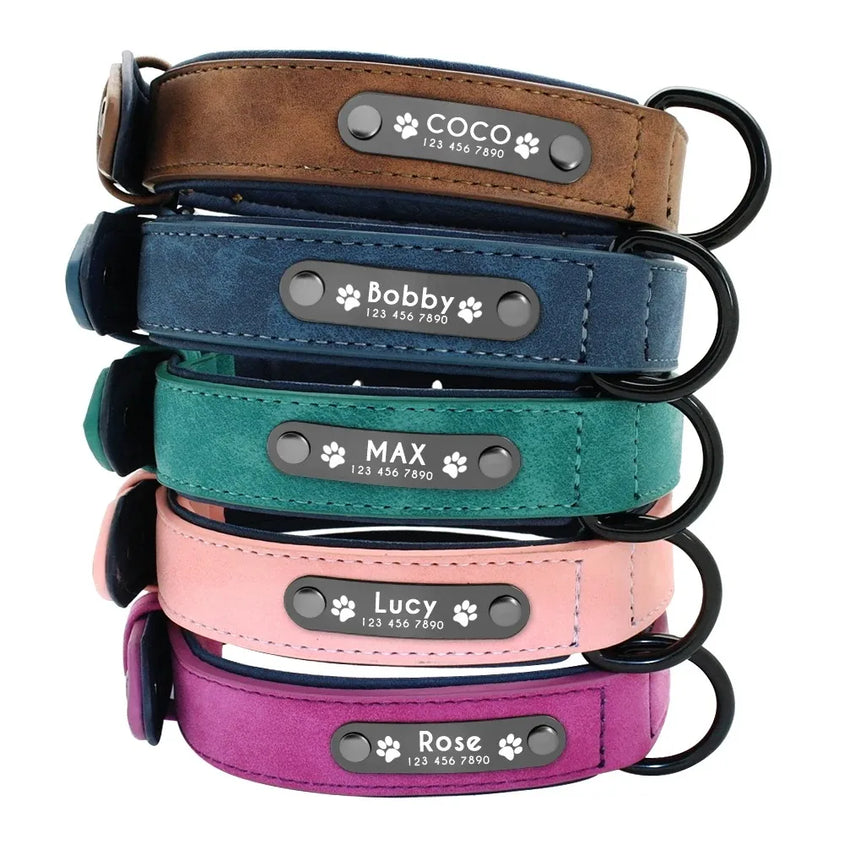 Personalized Name ID Tags Dog Collars Custom Text name Leather Dog Collar For Small Medium Large Dogs Pitbull Bulldog Beagle - CatebyPets