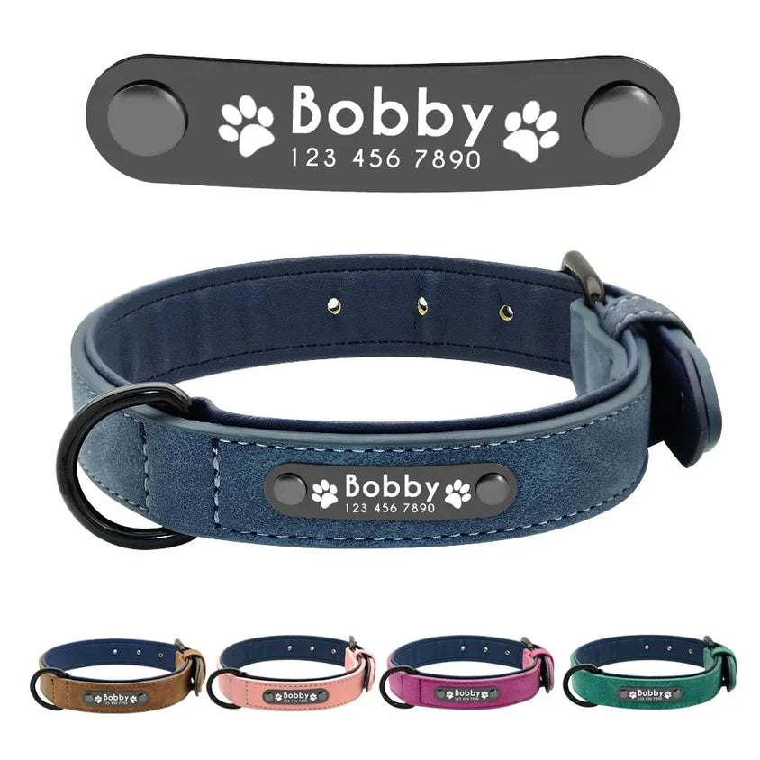 Personalized Name ID Tags Dog Collars Custom Text name Leather Dog Collar For Small Medium Large Dogs Pitbull Bulldog Beagle - CatebyPets