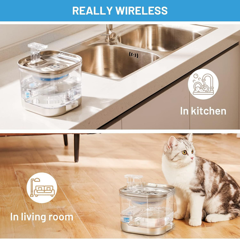 Wireless Cat Water Fountain Stainless Steel Pet Fountain Drinker - CatebyPets