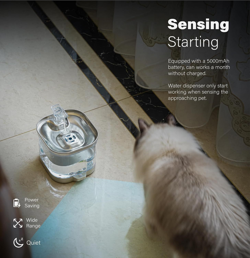 Wireless Cat Water Fountain Stainless Steel Pet Fountain Drinker - CatebyPets