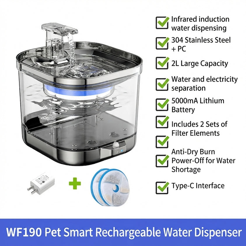 Wireless Cat Water Fountain Stainless Steel Pet Fountain Drinker - CatebyPets