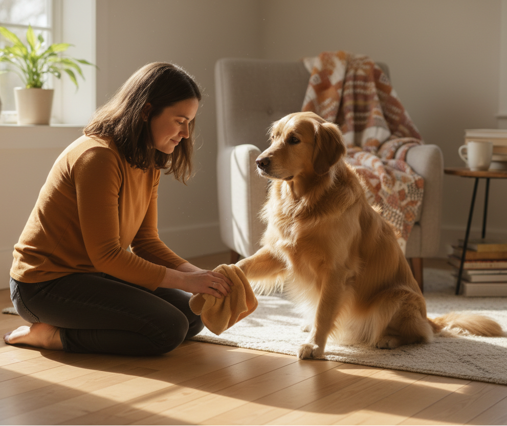 A woman kneels on a wooden floor in a bright living room, gently drying a golden retriever dog with a beige towel. The scene is set in a cozy, sunlit room with a gray armchair, a patterned throw blanket, a small side table with books, and a window in the background.